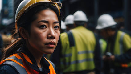 Naklejka premium Portrait asian woman working construction site, wearing a construction helmet and work vest, tired, middle-aged or older. Construction site professional: female engineer. banner