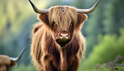 highland cow close up photo with blurred background - obrazy, fototapety, plakaty