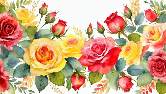 watercolor red and yellow rose romantic flower border illustration