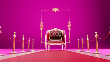 3D render of red carpet barrieres leading to a red armchair on a colored background