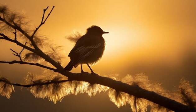 a serene photograph of a lone bird resting on a delicate tree branch its feathers softly ruffled by a gentle breeze as the soft golden light of dawn bathes the scene in a warm glow