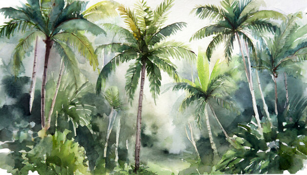 palm trees in a jungle forest decorative watercolor painting landscape