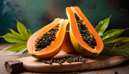 papaya halves of fresh juicy orange tropical fruit - obrazy, fototapety, plakaty