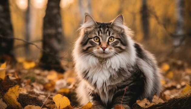 photo of a fluffy domestic cat in the autumn forest