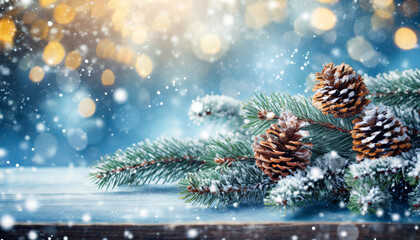 Fototapeta na wymiar winter christmas background with fir tree branch and cones