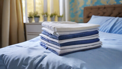 Fototapeta na wymiar a stack of folded sheets sitting on top of a bed this image can be used to showcase clean linens bedroom organization or household chores