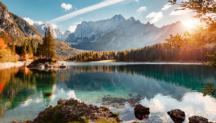 awesome alpine highlands in sunny day scenic image of fairy tale lake during sunset majestic rocky mountains on background wild area fusine lake italy julian alps best travel locations