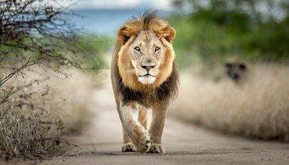 lion walking towards the camera in the kruger