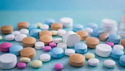 colorful medicine tablets antibiotic pills on soft blue background