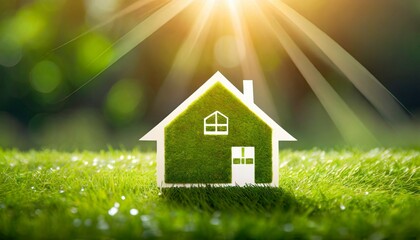 the image portrays a conceptual representation of a green home and environmentally friendly construction it includes a house icon placed on a lush green lawn with the sun shining overhead - obrazy, fototapety, plakaty