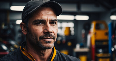 car service mechanic man in uniform stands against the background of a car with an open hood, smiles and looks at the camera. Car repair and maintenance. banner for auto repair shop