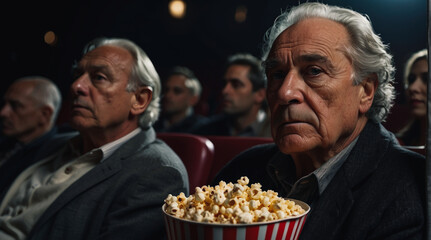 an adult man in a movie theater. Cinema with popcorn. An elderly sad man is watching a drama. 