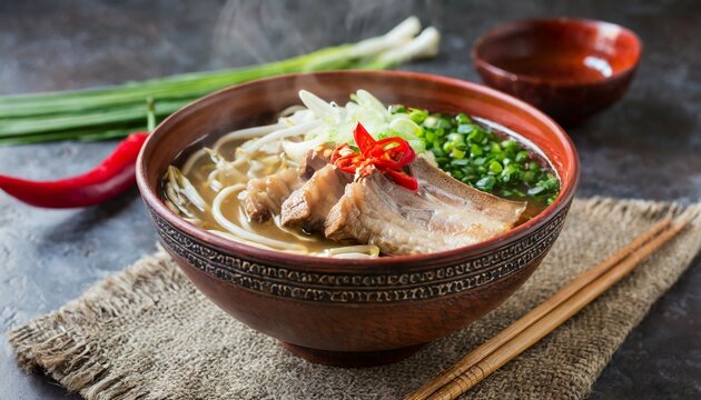 pork bone authentic japanese ramen hot pork noodle soup with spicy chili and spring onions in clay bowl