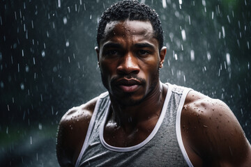 African American athlete outside in the rain. the concept of sports. Olympic Games. morning jog in bad weather. professional training for running competitions. portrait close-up man boxer. banner