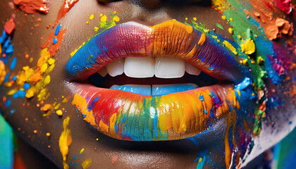 a close up view of vibrant paint splatters on a person s lips this striking image captures the colorful and artistic expression of makeup artistry perfect for beauty blogs fashion magazines and cr