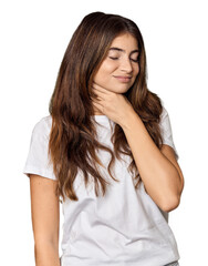 Young Caucasian woman in studio setting suffers pain in throat due a virus or infection.