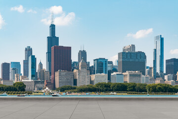 Skyscrapers Cityscape Downtown, Chicago Skyline Buildings. Beautiful Real Estate. Day time. Empty rooftop View. Success concept.