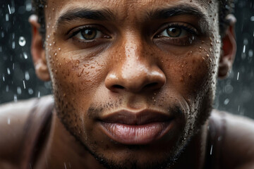 African American athlete outside in the rain. the concept of sports. Olympic Games. morning jog in bad weather. professional training for running competitions. portrait close-up man