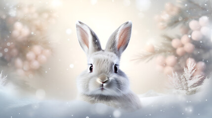 Snow-kissed Harmony A Stunning Rabbit Captured Against a Backdrop of Drifting Snow, Winter's Silent Poem The Resplendent Beauty of a Bunny Amidst Falling Snowflakes generative AI