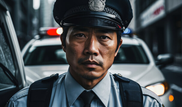 Portrait of a policeman on the street on patrol. man looking at camera, Asian officer in police uniform, auto security, communication control, close-up portrait, ready to help, order
