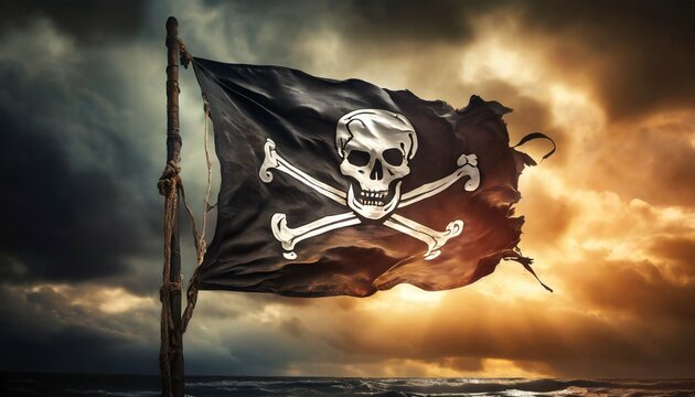 a dramatic photo of a tattered pirate flag waving defiantly against a backdrop of a stormy sky the image symbolizes danger defiance and the rebellious spirit of the pirate life