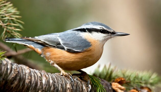 nuthatch stock photos close up profile view perched on a tree branch in its environment and habitat with a blur background displaying feather plumage and bird tail image picture portrait