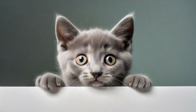 photo of a gray shorthair kitten frightened cat with drooping ears peeking out from behind a white table with copy space
