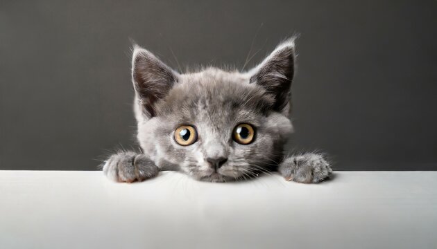 photo of a gray shorthair kitten frightened cat with drooping ears peeking out from behind a white table with copy space