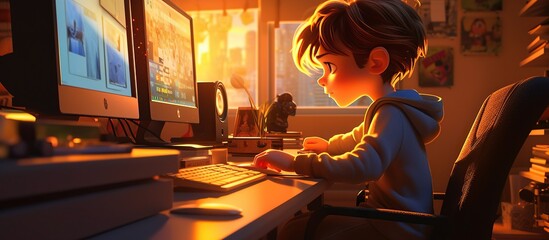 A boy sitting in front of laptop cartoon illustration - obrazy, fototapety, plakaty