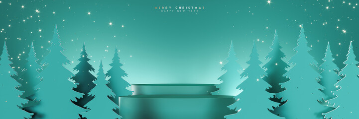 Empty turquoise blue Christmas podiums for product presentation. Teal Christmas background with...