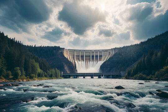 Dam An eco-friendly hydroelectric power plant in a mountainous forested landscape, harnessing the power of a majestic waterfall. water discharge through sluices, industrial concept