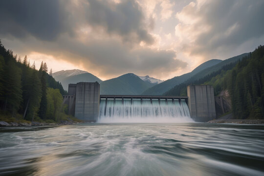 Dam An eco-friendly hydroelectric power plant in a mountainous forested landscape, harnessing the power of a majestic waterfall. water discharge through sluices, industrial concept
