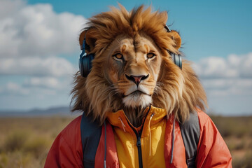 portrait lion king funny  headphones, made in bright colors. against the background of Africa. The concept of listening to music on audio media. Portable Universal Music Audio Device