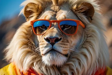 Fotobehang portrait of a funny white lion king in sunglasses and a windbreaker, made in bright colors, as in the picture. against the background of Africa. fashion concept © Roman