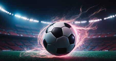soccer ball on fire, Freeze frame of a flying ball with glowing orange flame effect, electric sphere, lightning, plasma ball, stadium background, creative sports banner