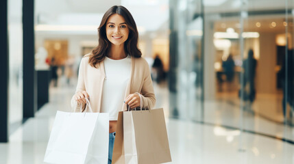Woman in shopping. Happy woman with shopping bags enjoying in shopping on mall