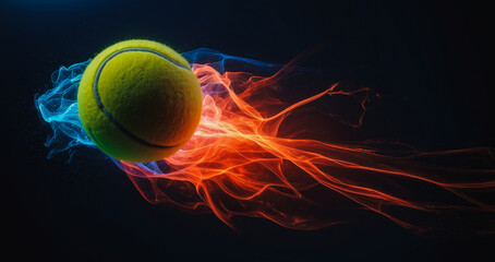 Tennis ball on fire, Freeze frame of a flying ball containing light green, electric sphere, plasma ball, abstract background, creative sports banner