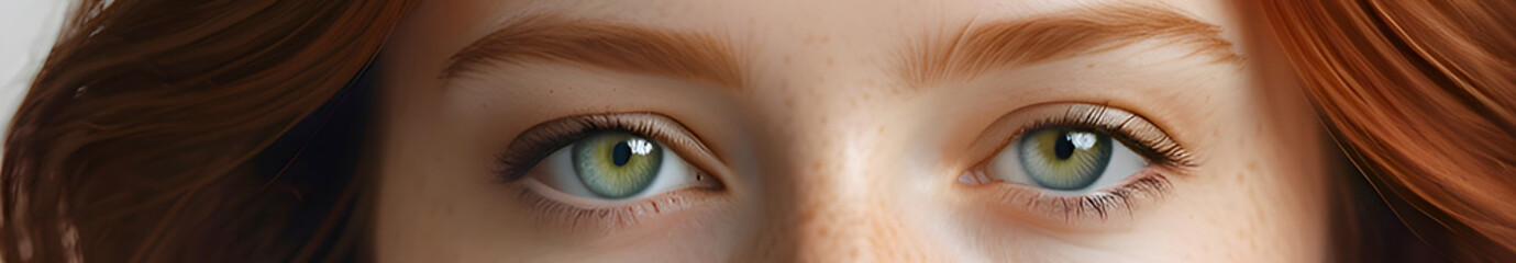 Fototapeta premium Cropped photo of Natural beautiful woman. Close-up portrait of ginger young woman. Perfect face, green eyes, expressive look, natural beauty.