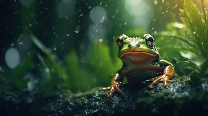 Fotobehang close up macro portrait of a frog in a rainy forest © Victor