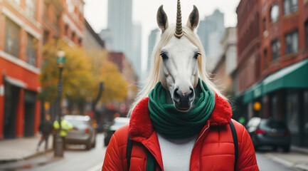 Funny unicorn horse in a suit and jacket for a fashion day party on a city background - obrazy, fototapety, plakaty