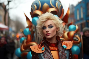  Dutch carnival: A beautiful woman in a carnival parade in Amsterdam, Rotterdam, Antwerp, Netherlands, Belgium or german little city © annne