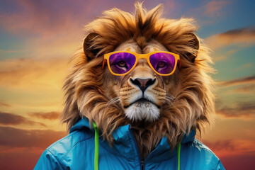 portrait of a funny lion king in sunglasses and a windbreaker, made in bright colors, as in the...