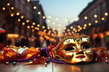 Golden mardi gras or carnival mask on an unfocused street with a party parade background banner with copyspace for text - obrazy, fototapety, plakaty