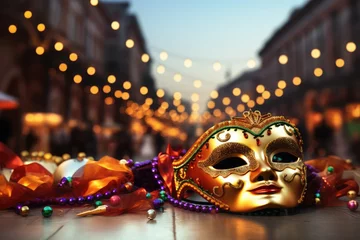  Golden mardi gras or carnival mask on an unfocused street with a party parade background banner with copyspace for text © annne