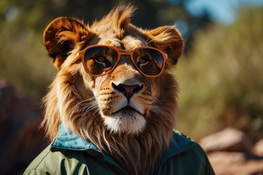 portrait of a funny lion king in sunglasses and a windbreaker, made in bright colors, as in the picture. against the background of Africa. fashion concept