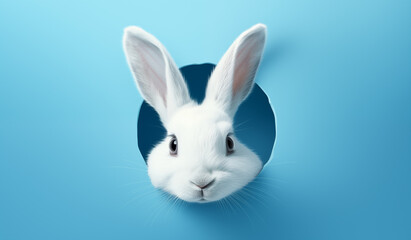 White rabbit on blue background, Fluffy Bunny Peeking from hole, Blue Wall. Easter Banner Design, Cute Easter Bunny Emerging from the Wall.