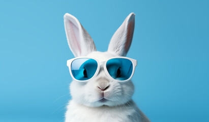 White rabbit wearing sunglasses, pastel blue background. Happy Easter Day. Spring time minimalistic wallpaper.