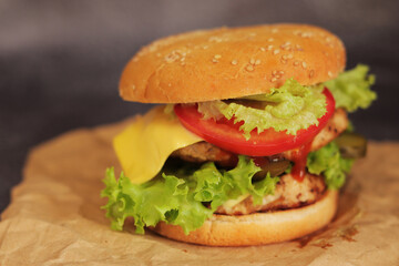 Double cheeseburger on a gray background. Juicy tasty burger close-up, side view. Fast food