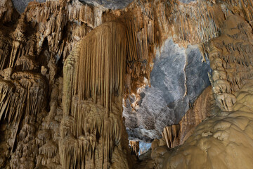 Stalagmite and stalactite formation in the Paradise cave in Vietnam