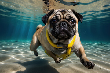 pug in the water. a dog on vacation by the lake in the pool. A small purebred breed looks charming, a perfect portrait of a beloved pet.